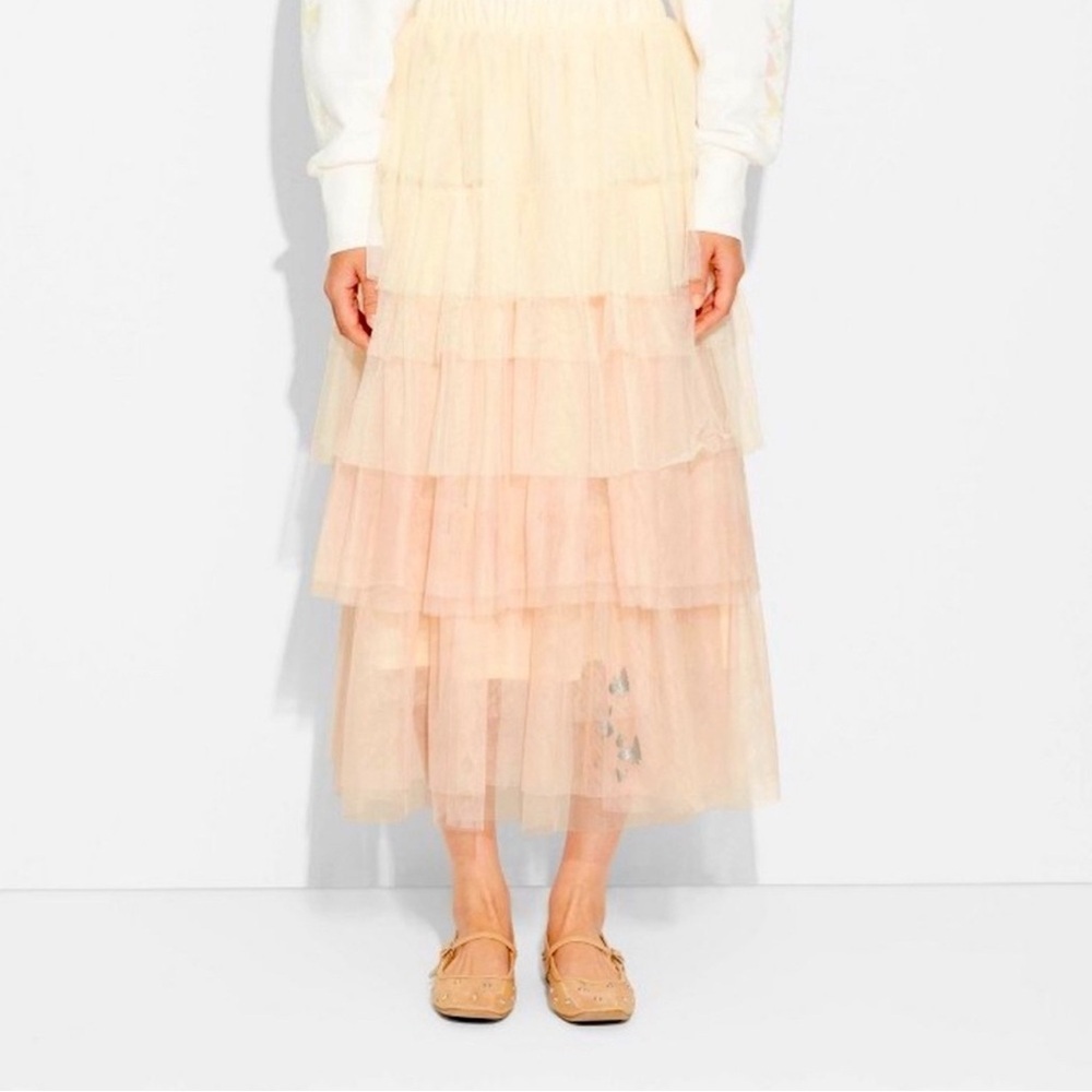 WICKED Cream / Blush Tulle Maxi Skirt with Tiered Design size L, BNWT - Picture 3 of 11